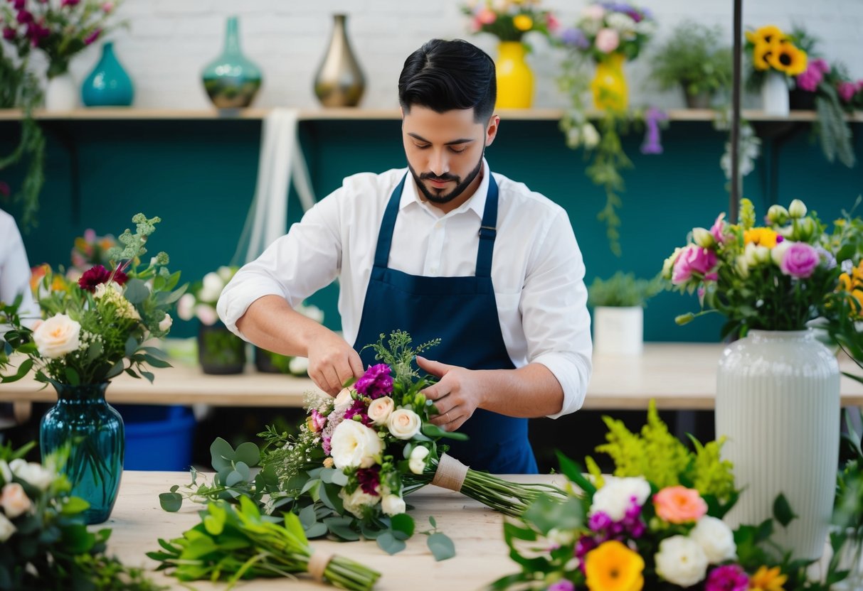 A florist arranging wedding flowers in a workshop, surrounded by vases, greenery, and a variety of colorful blooms