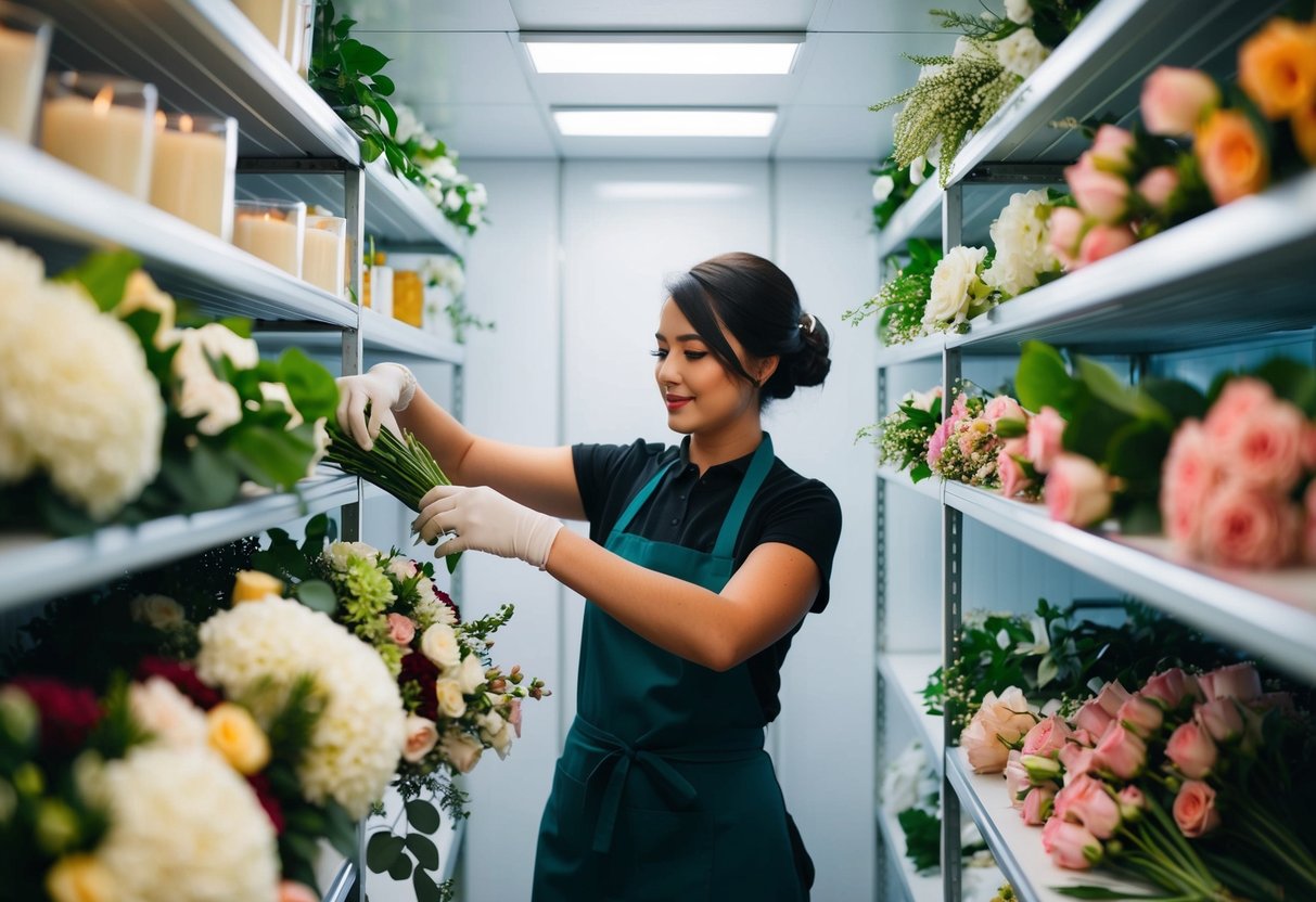 A florist arranging wedding flowers in a refrigerated room