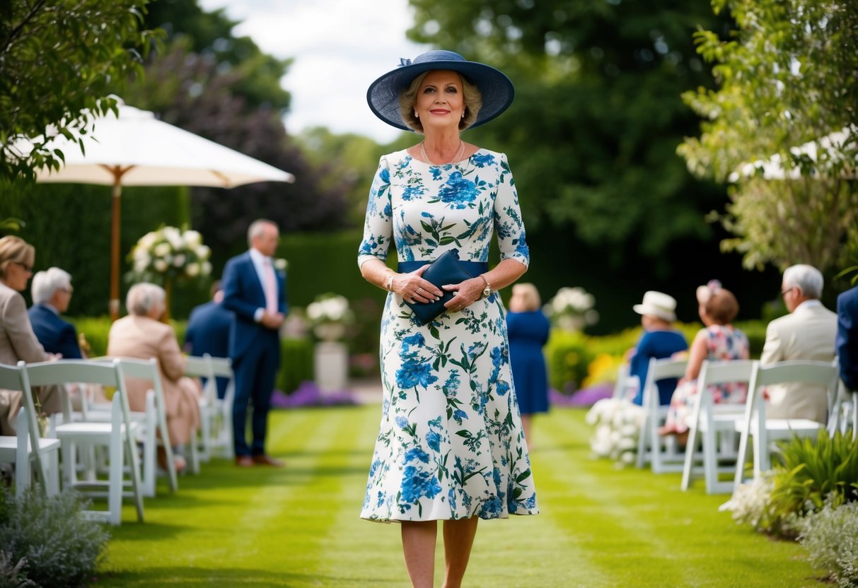 A 50-year-old woman in a knee-length floral dress and a wide-brimmed hat, holding a clutch and wearing heels, stands in a garden at a wedding