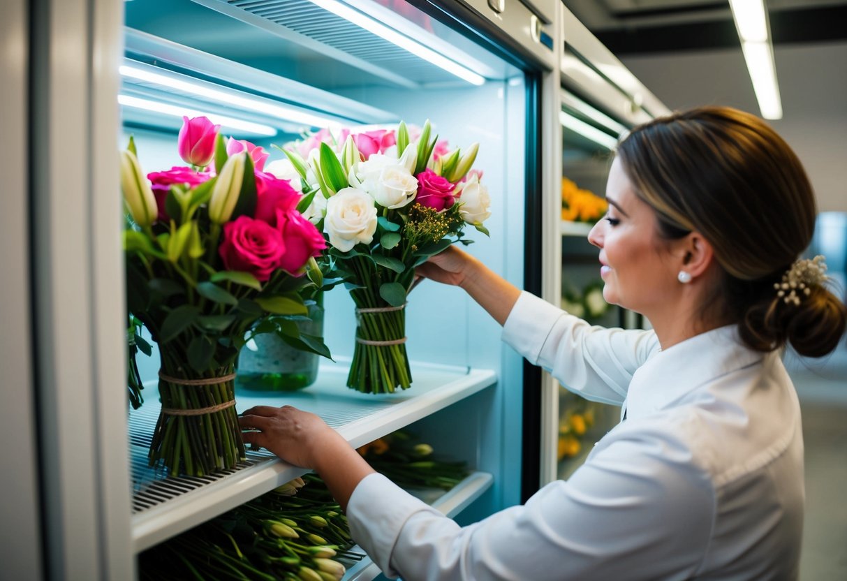 A florist placing freshly cut wedding flowers into a refrigerated storage unit