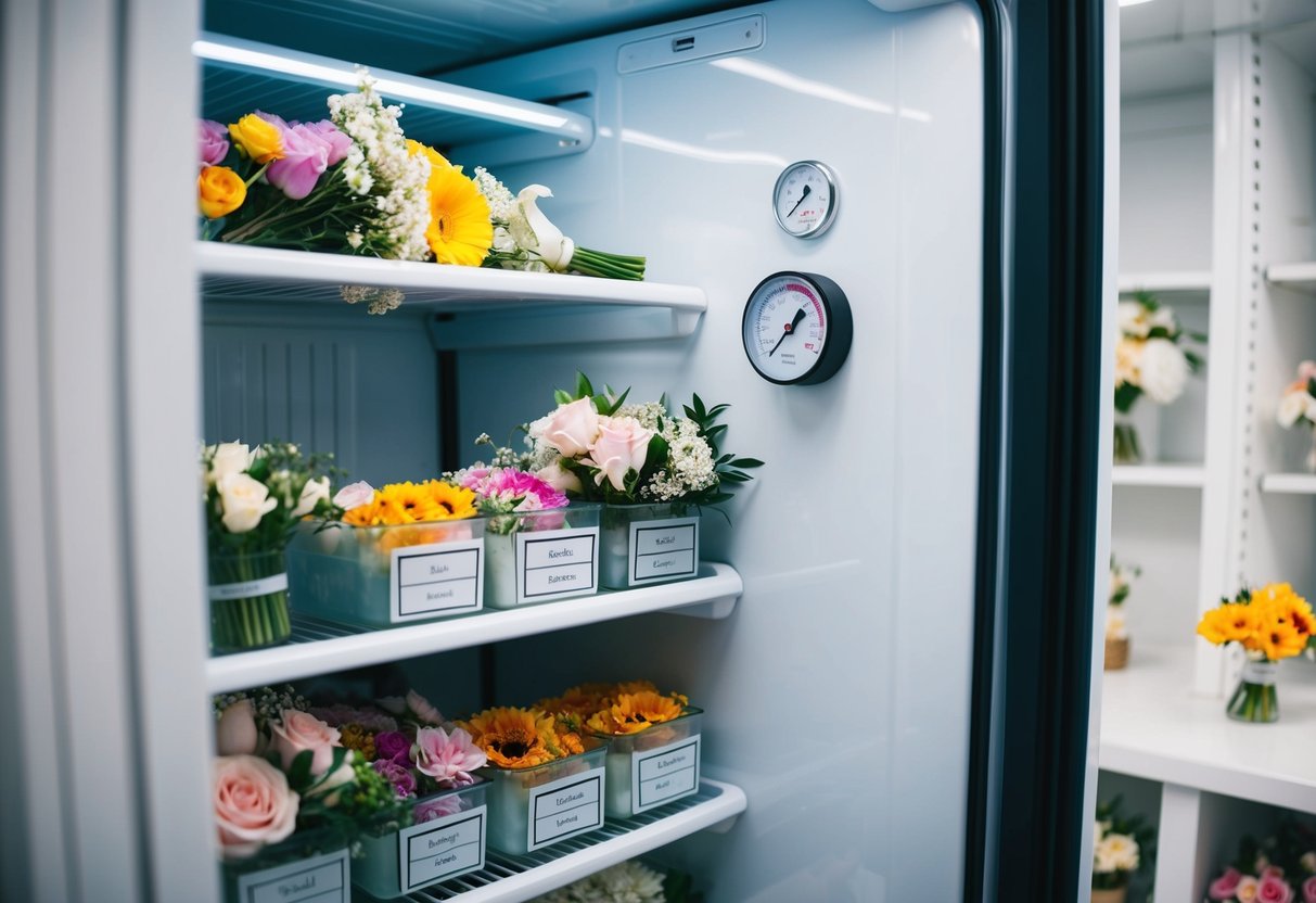 A floral refrigerator with shelves of assorted wedding flowers, temperature gauge, and labeled storage containers