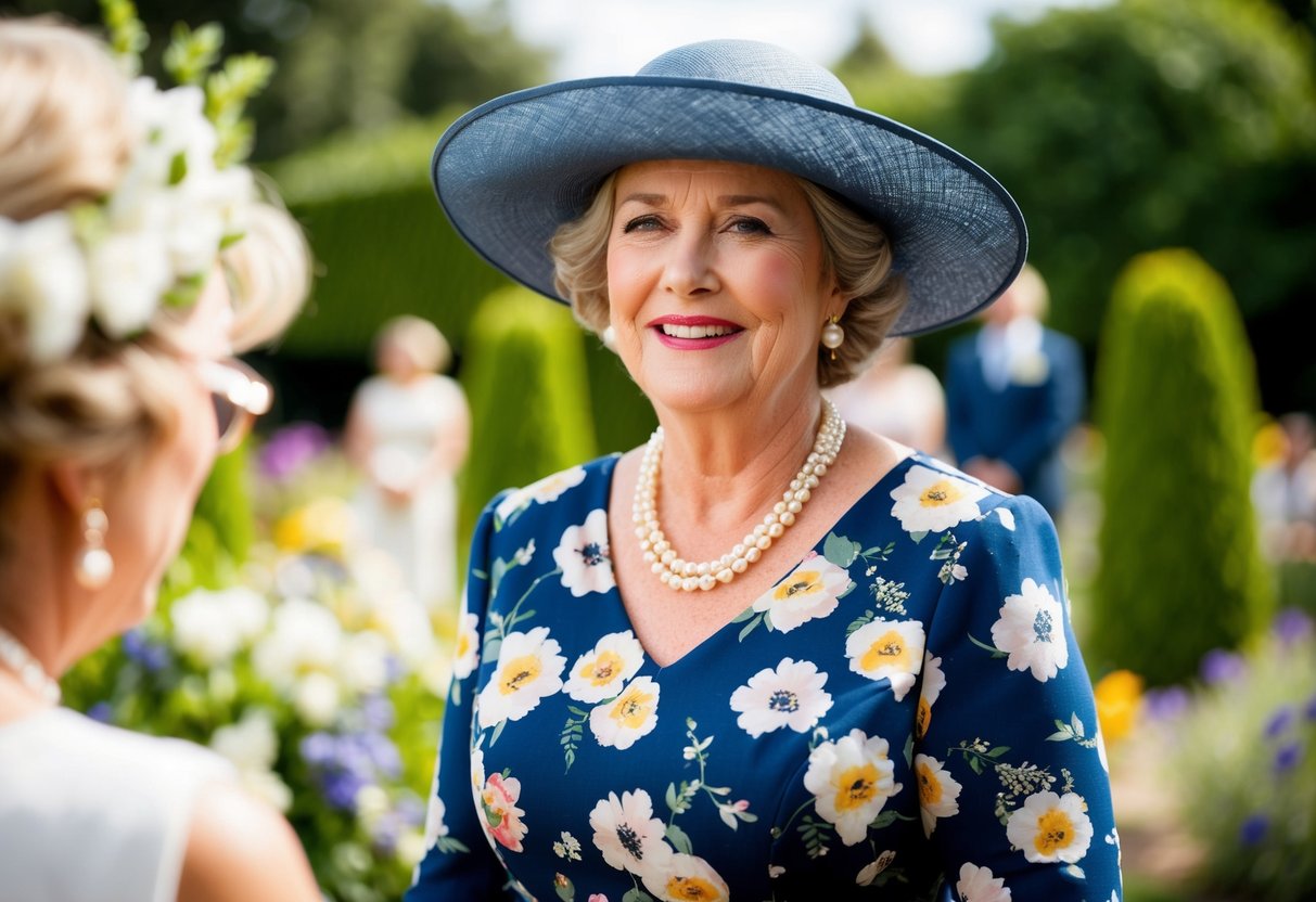 A 50-year-old woman wearing a floral dress and a wide-brimmed hat, accessorized with pearl earrings and a delicate bracelet, stands in a garden at a wedding