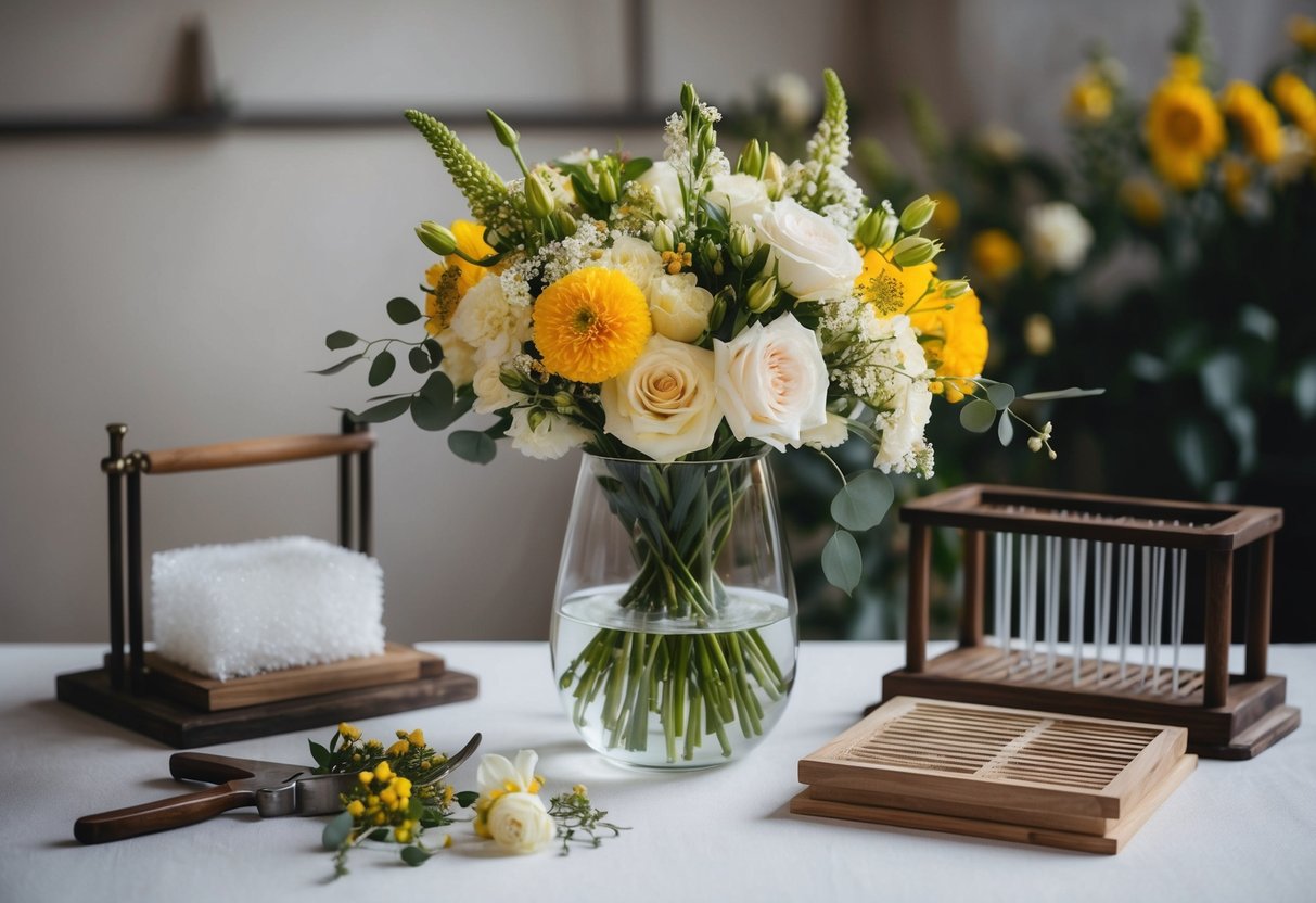 Wedding flowers arranged in a glass vase with water, surrounded by various preservation tools such as silica gel, a flower press, and a drying rack