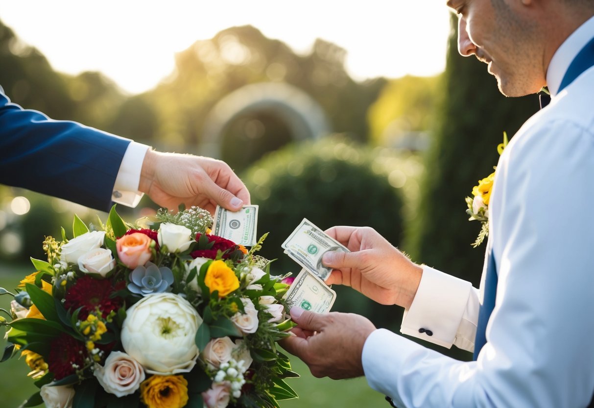 A groom hands a florist a wad of cash for a bouquet
