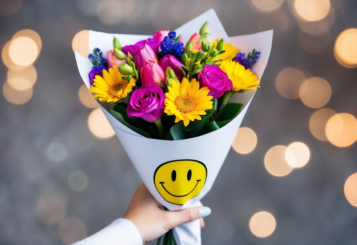 A hand holding a bouquet of colorful flowers, with a smiley face drawn on the wrapping paper