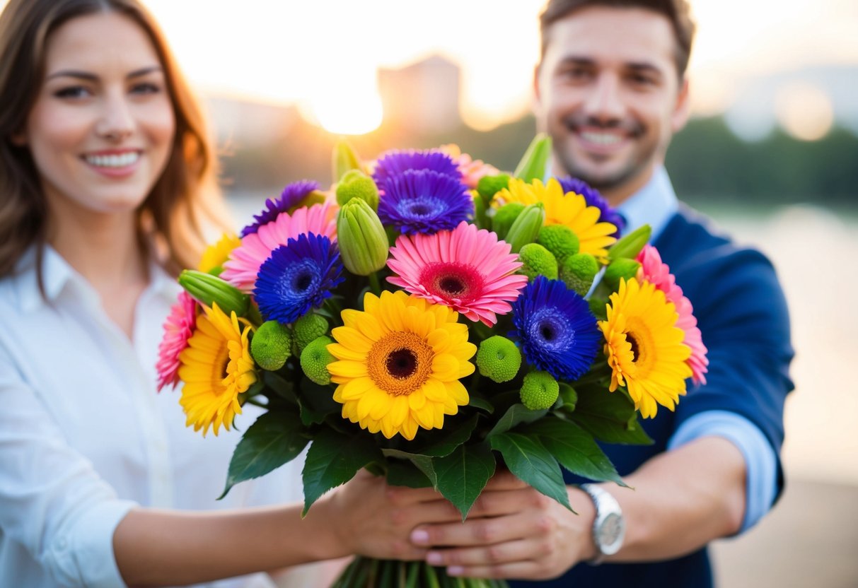 A bouquet of colorful flowers being presented with a smile