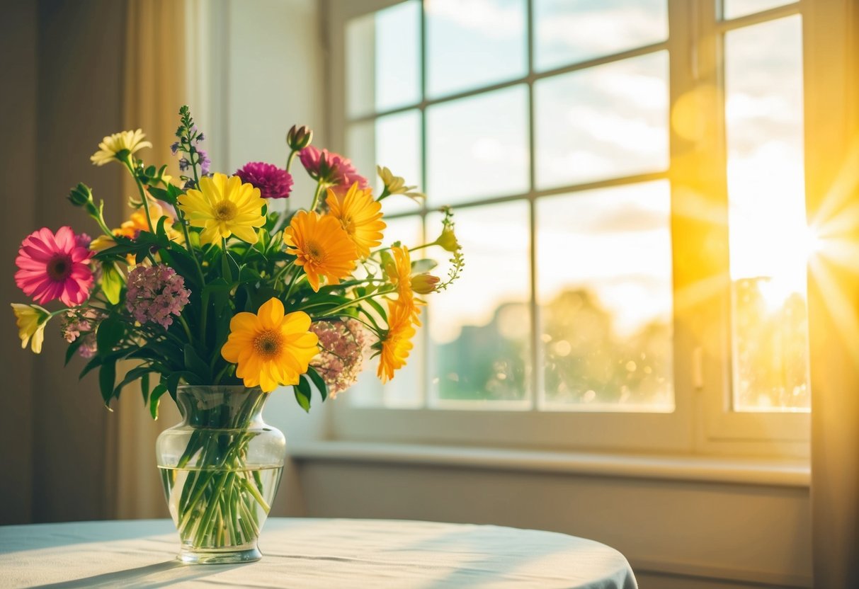 A vase of vibrant flowers sits on a table, sunlight streaming through a nearby window, casting a warm glow over the delicate petals
