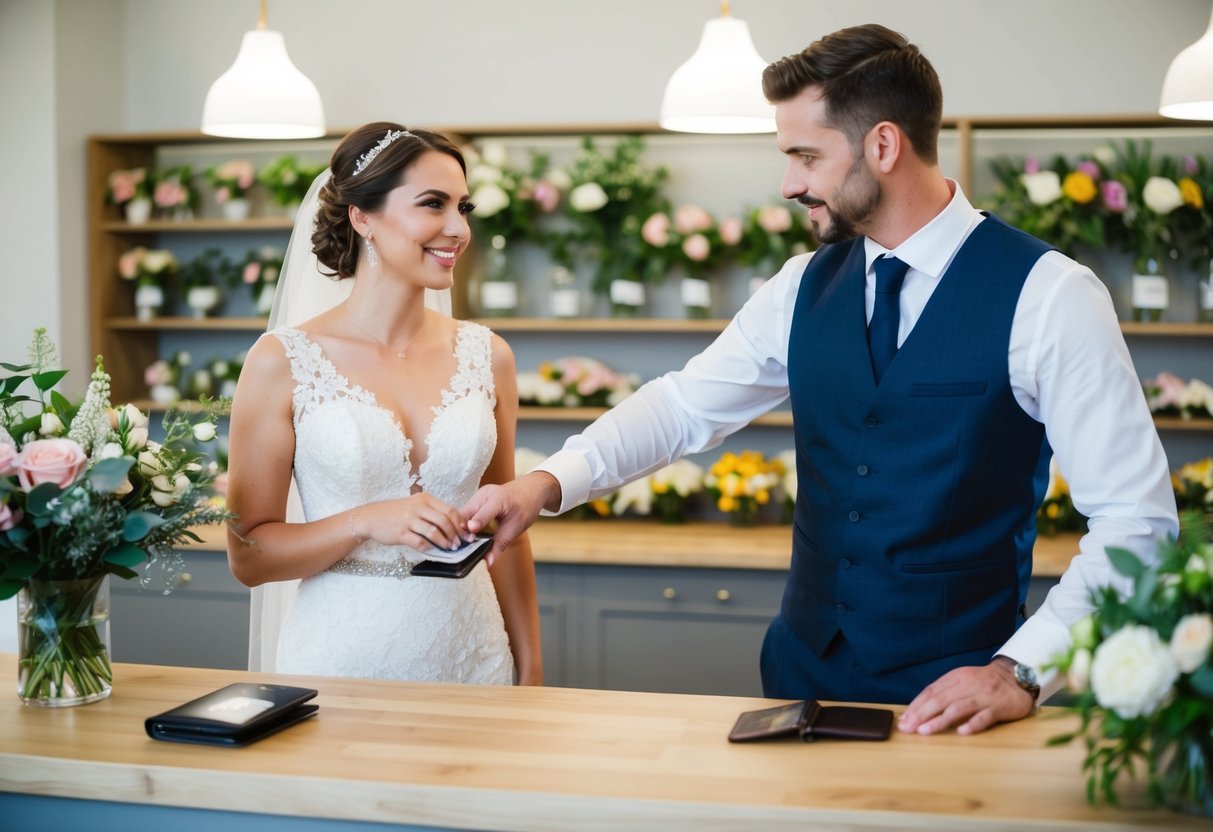 A bride and groom stand at a floral shop counter, discussing wedding arrangements with a florist. The groom reaches for his wallet
