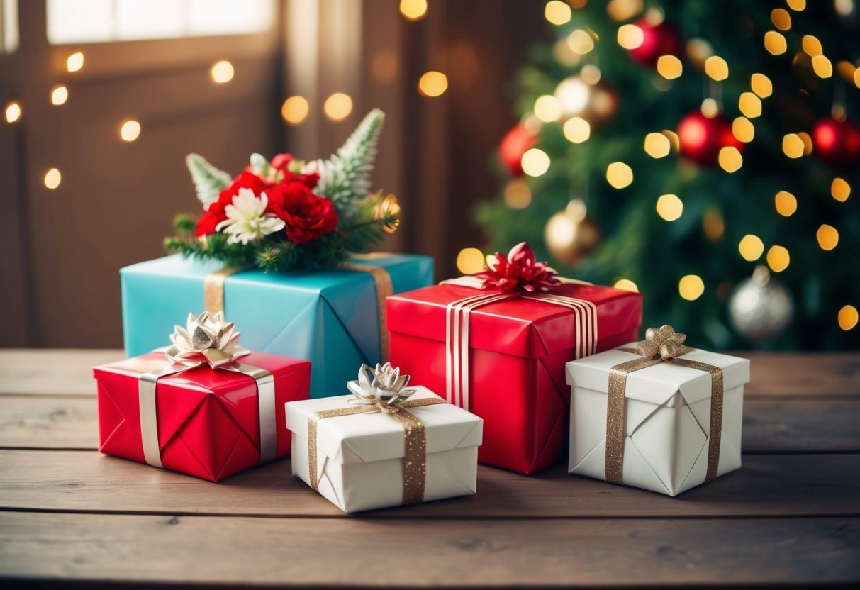 A beautifully decorated table with wrapped presents and flowers