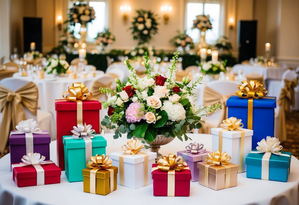 A table adorned with wedding gifts of various sizes and colors, surrounded by floral arrangements and elegant decor