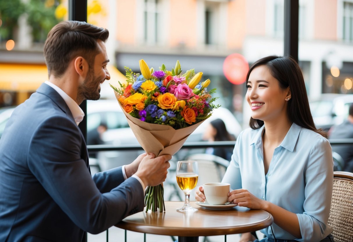 A man presents a bouquet of colorful flowers to a smiling woman sitting at a cafe table