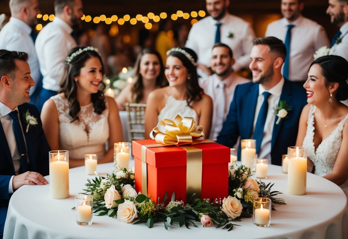 A beautifully wrapped gift box sits on a table adorned with flowers and candles, surrounded by happy guests at a wedding reception