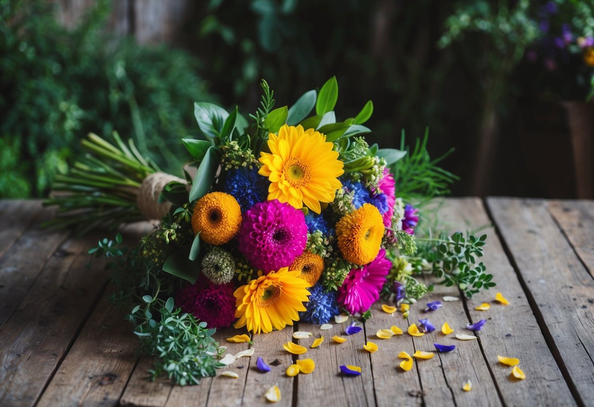 A colorful bouquet of fresh flowers sits on a rustic wooden table, surrounded by various greenery and a scattering of petals