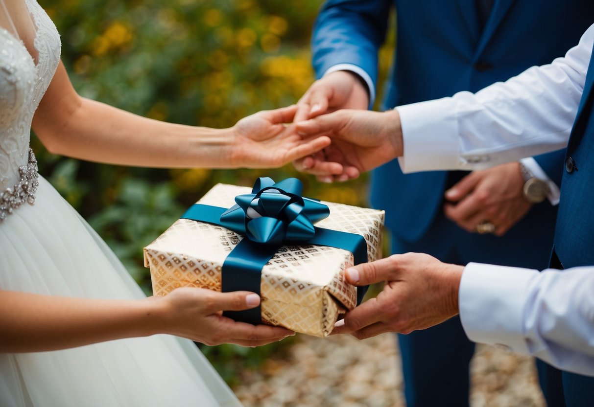 A pair of hands presenting a beautifully wrapped gift to a newlywed couple
