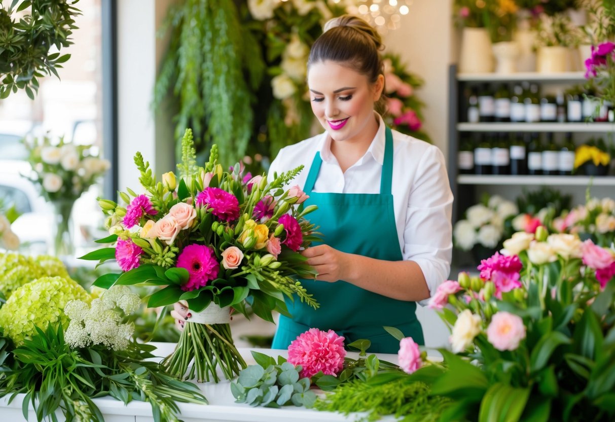 A florist carefully arranges a vibrant bouquet of fresh flowers, surrounded by lush greenery and delicate blooms, in a charming shop setting