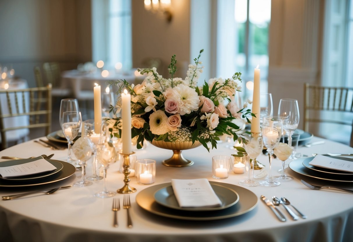 A table set with a delicate floral centerpiece, surrounded by elegant place settings and soft candlelight