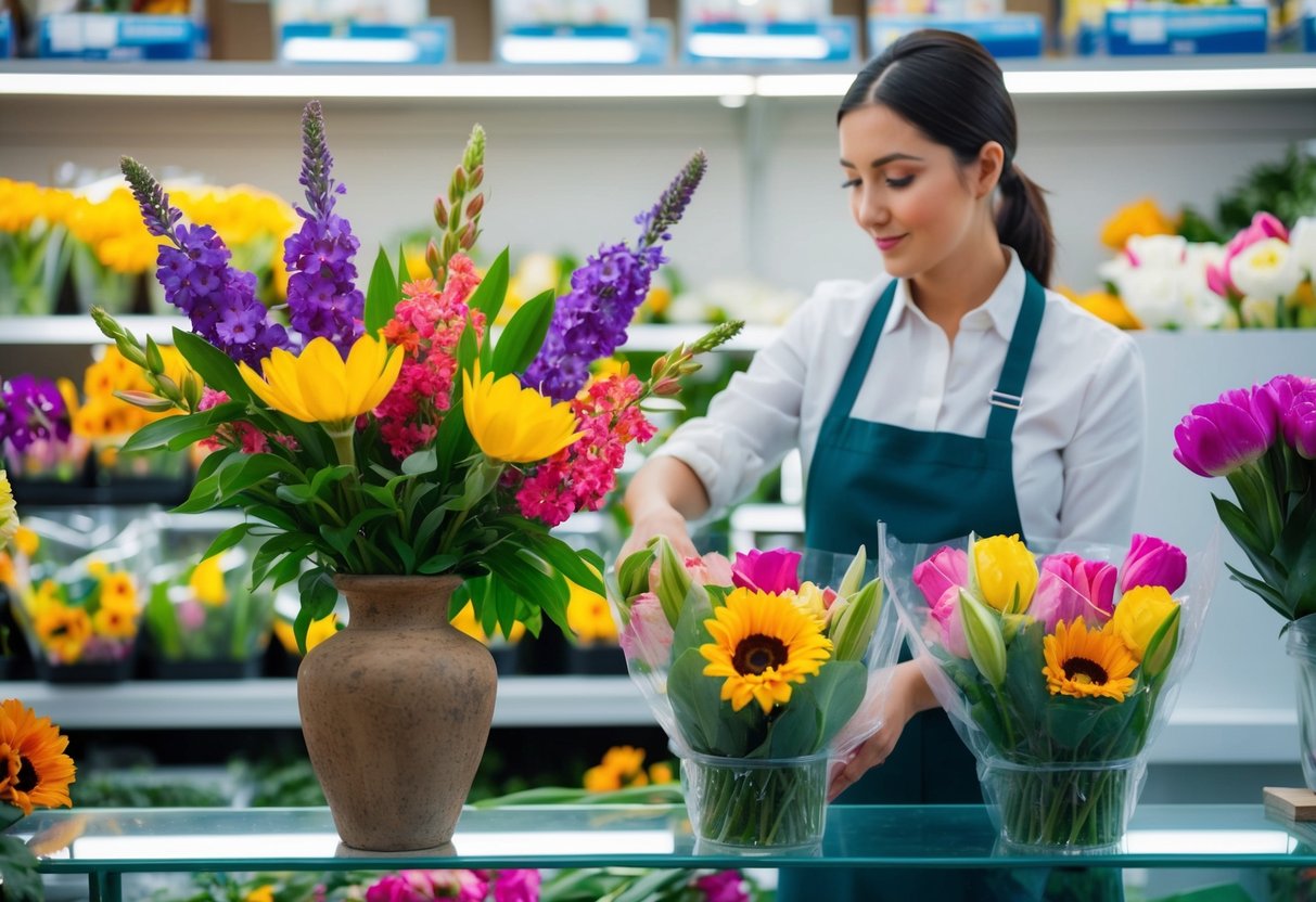 A florist carefully selects and arranges vibrant, fresh flowers in a rustic vase, while supermarket flowers sit in plastic packaging on a sterile shelf
