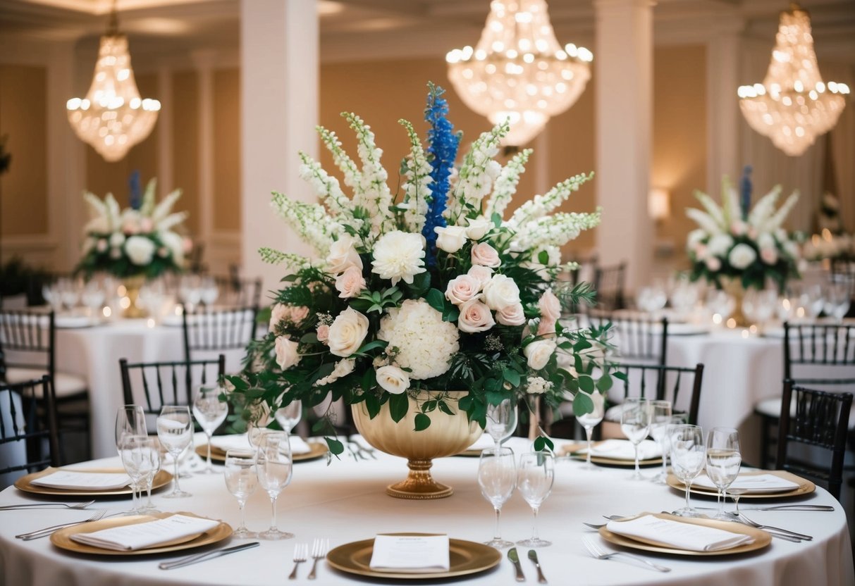 A table set with a large, elegant floral arrangement in the center, surrounded by smaller, matching arrangements on side tables