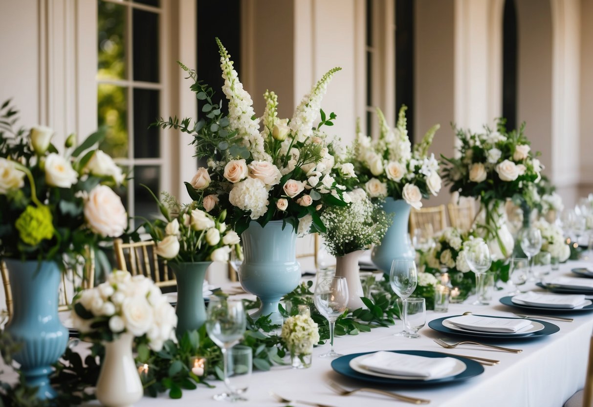 A table set with an assortment of elegant floral arrangements in various vases, showcasing different types of wedding flowers and greenery