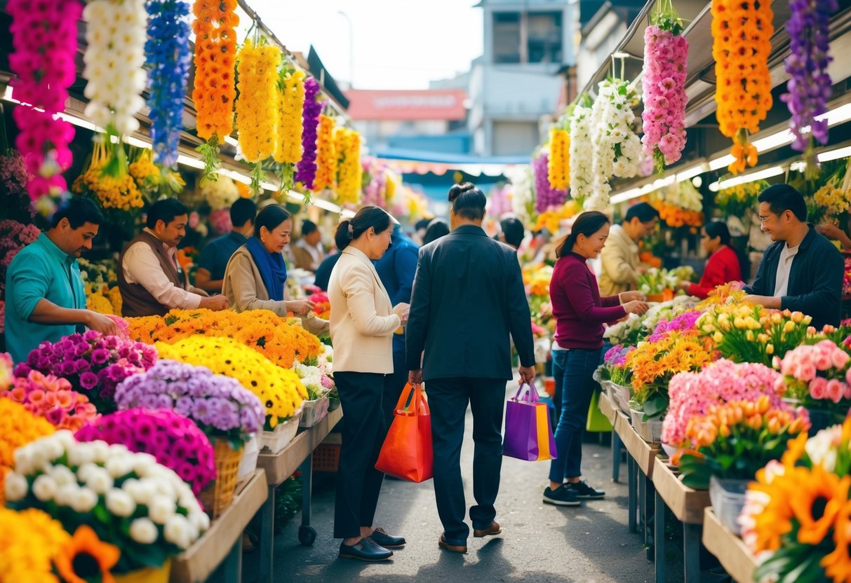 A bustling flower market with colorful blooms and vendors selling at discounted prices. Customers haggling and selecting from a variety of affordable options
