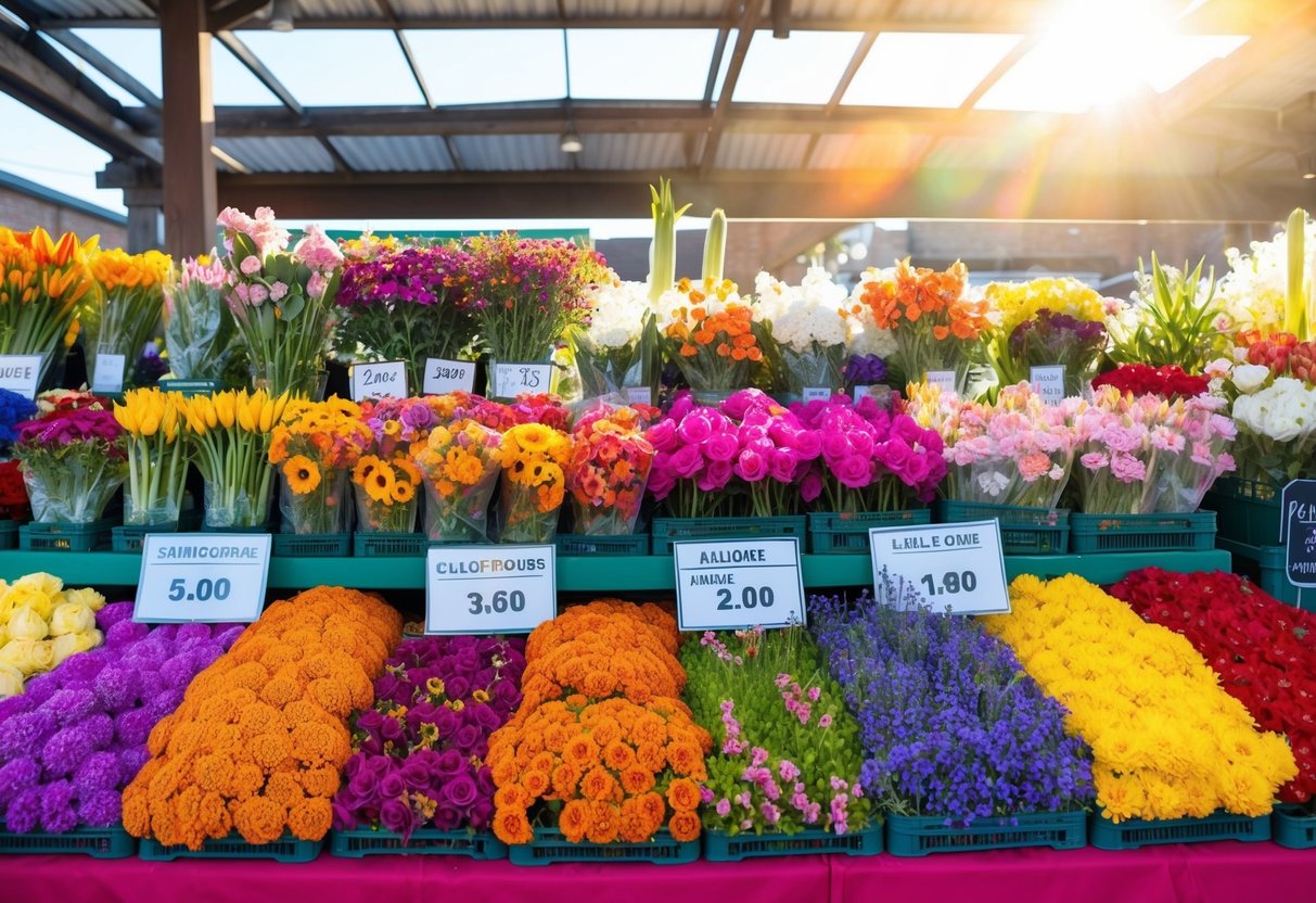 A colorful array of different flowers arranged in a market stall, with signs indicating their names and prices. Sunlight filters through the open roof, casting a warm glow on the vibrant blooms