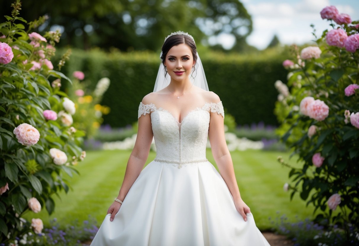 A bride stands in a garden, her arms empty, surrounded by blooming flowers and lush greenery