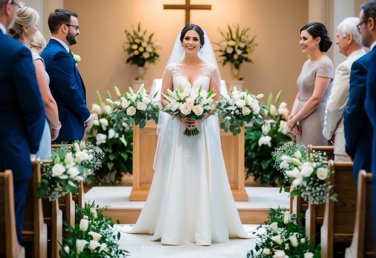 A bride stands at the altar, surrounded by flowers and greenery. A bouquet of roses, lilies, and baby's breath rests on a nearby table
