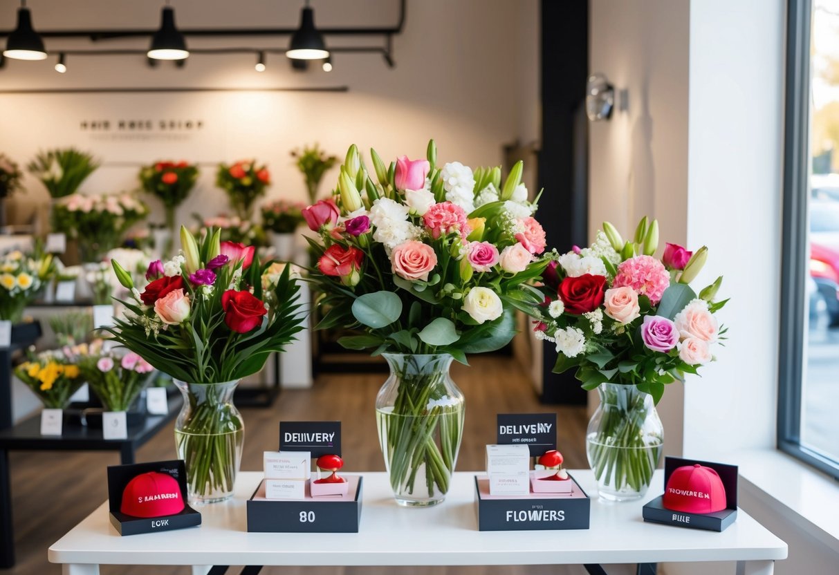 A flower shop with various delivery options and extra accessories displayed on a table