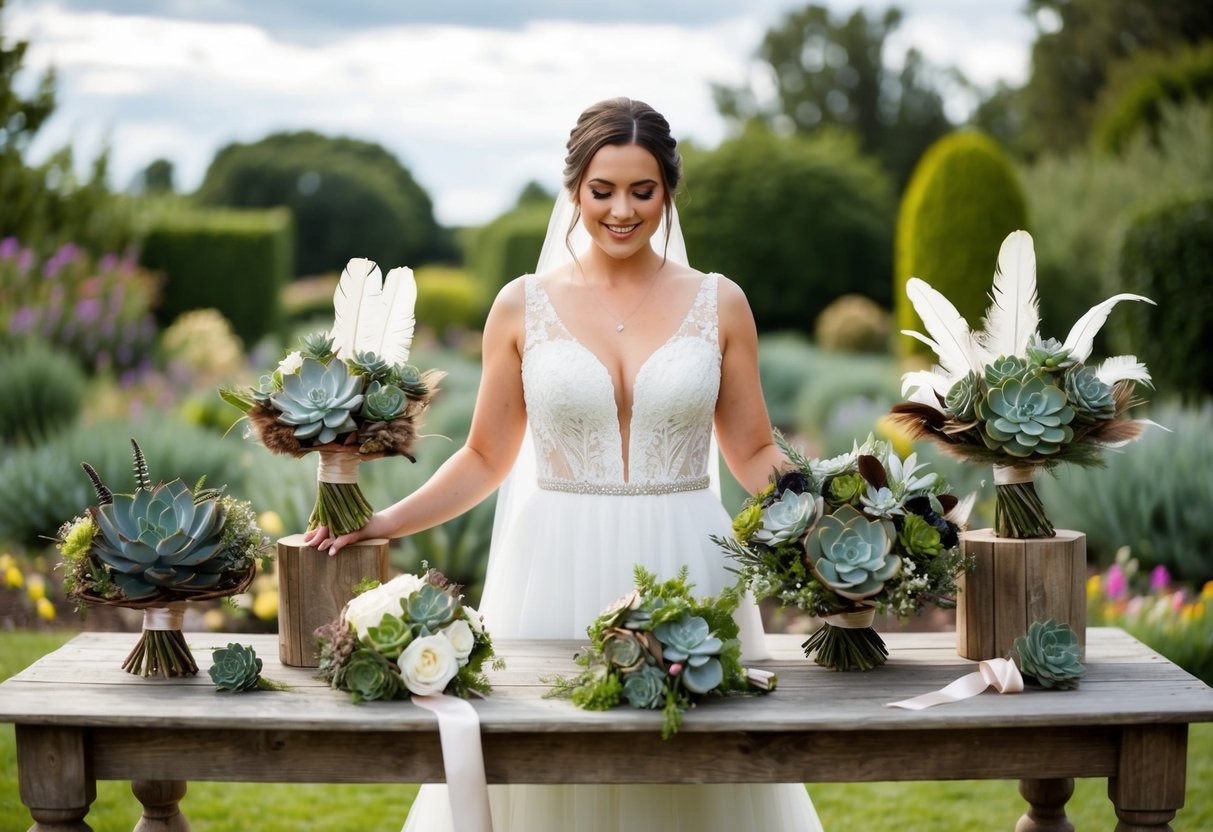 A bride stands in a garden, surrounded by various non-traditional bouquet options such as succulents, feathers, and ribbons, displayed on a rustic wooden table