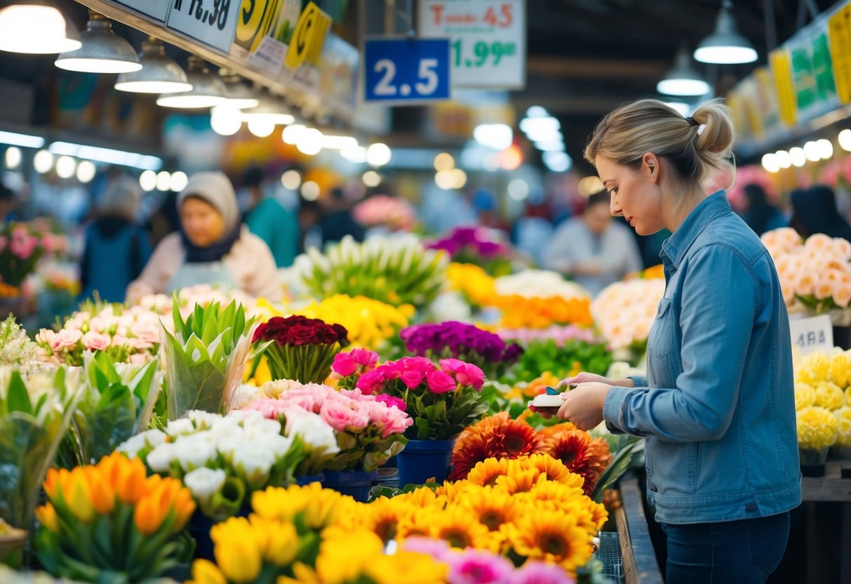 A person comparing prices at multiple flower stalls in a bustling market, carefully inspecting the blooms for freshness and quality