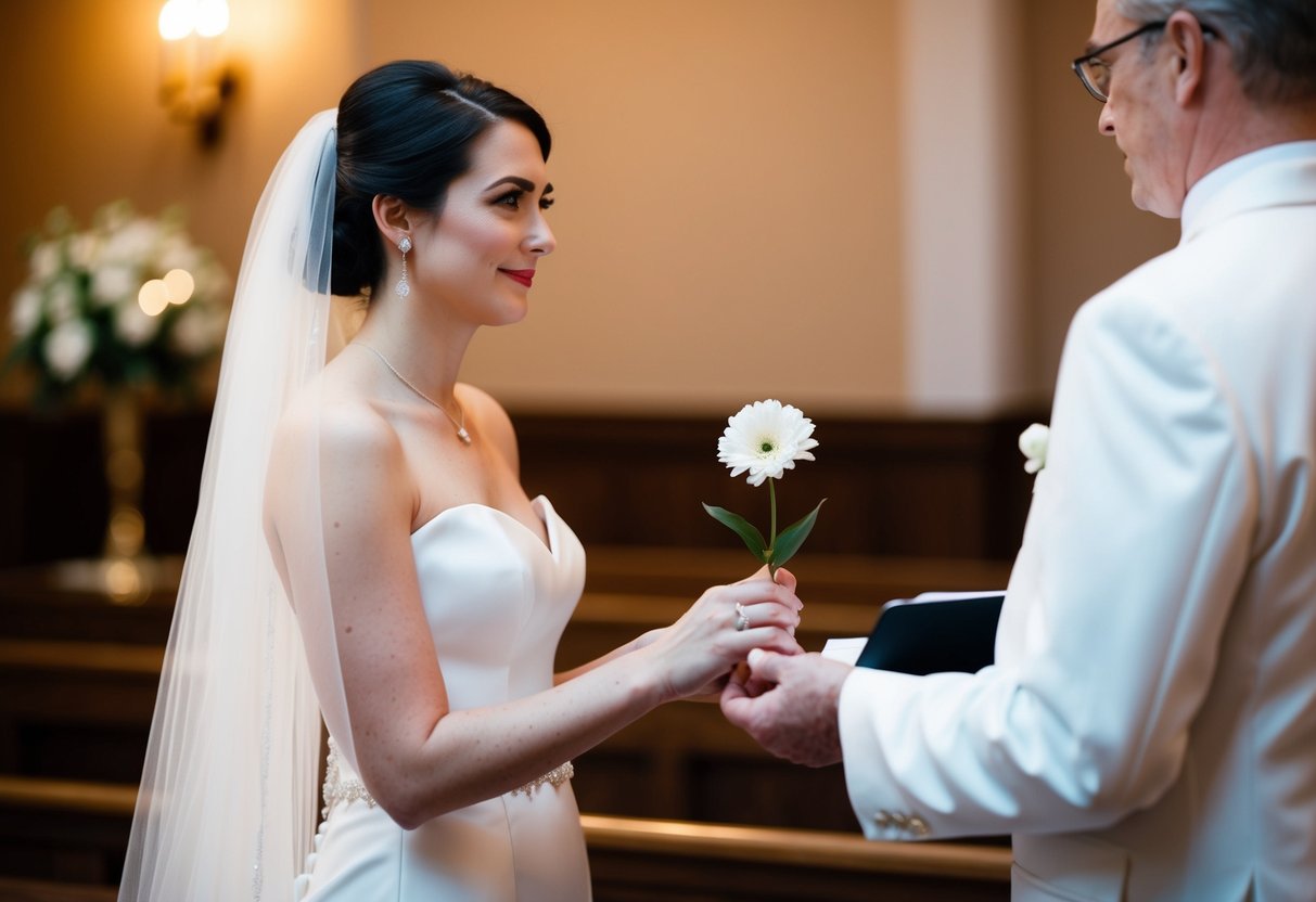 A bride stands at the altar, holding a single, elegant flower