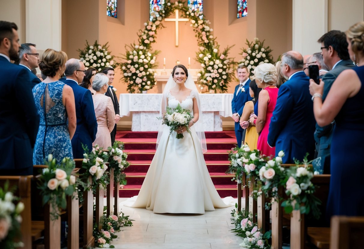 A bride stands at the altar, empty-handed, surrounded by floral decorations and an eager audience