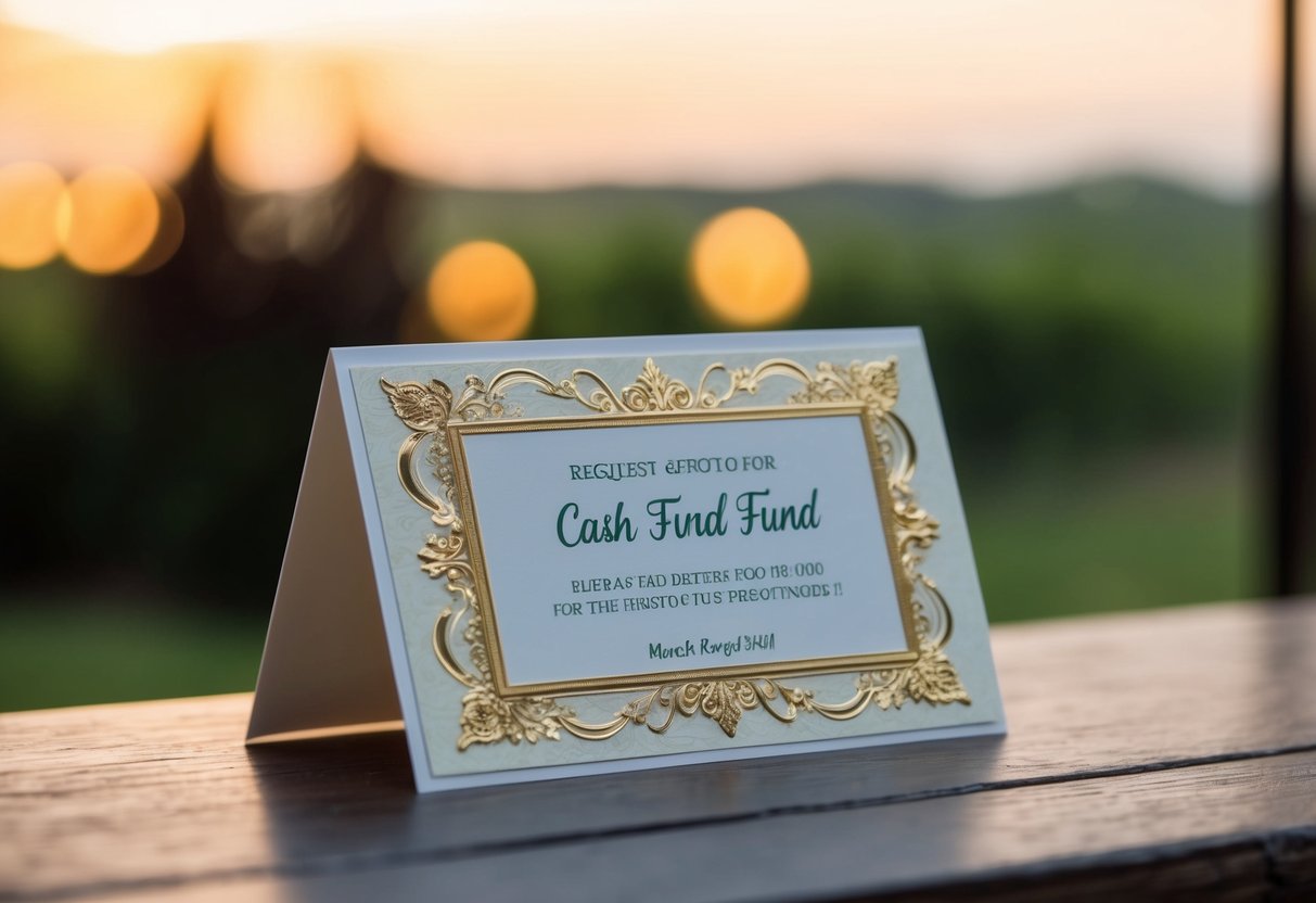 A decorative wedding card with an elegant cash fund request displayed prominently