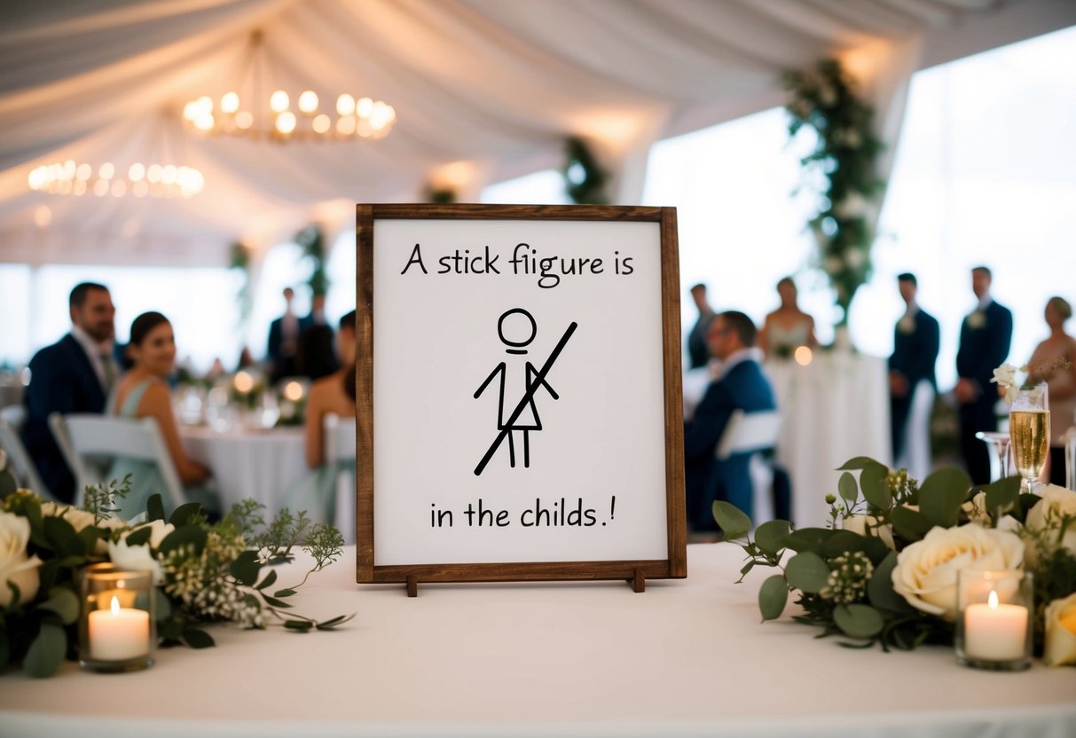 A wedding reception with a sign showing a crossed-out stick figure of a child