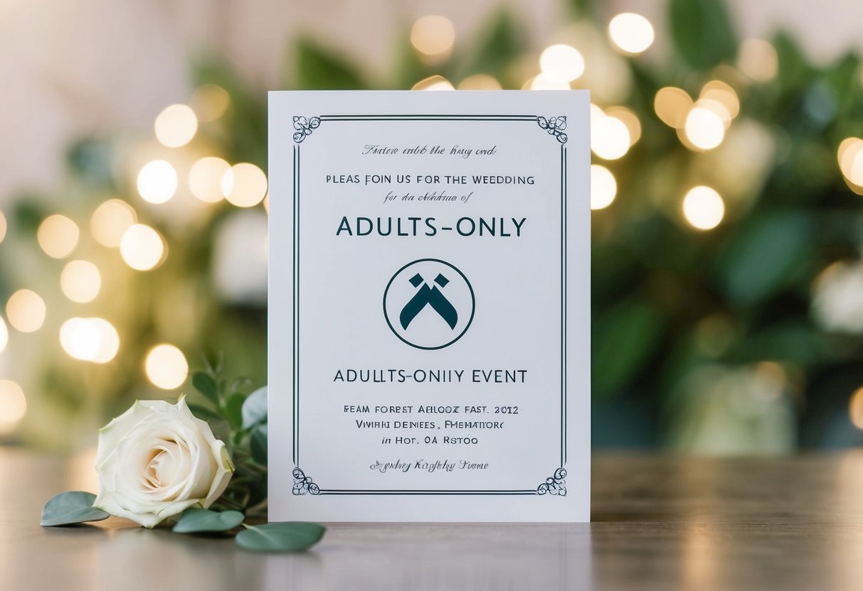 A wedding invitation with an elegant design and a clear symbol indicating that it is an adults-only event