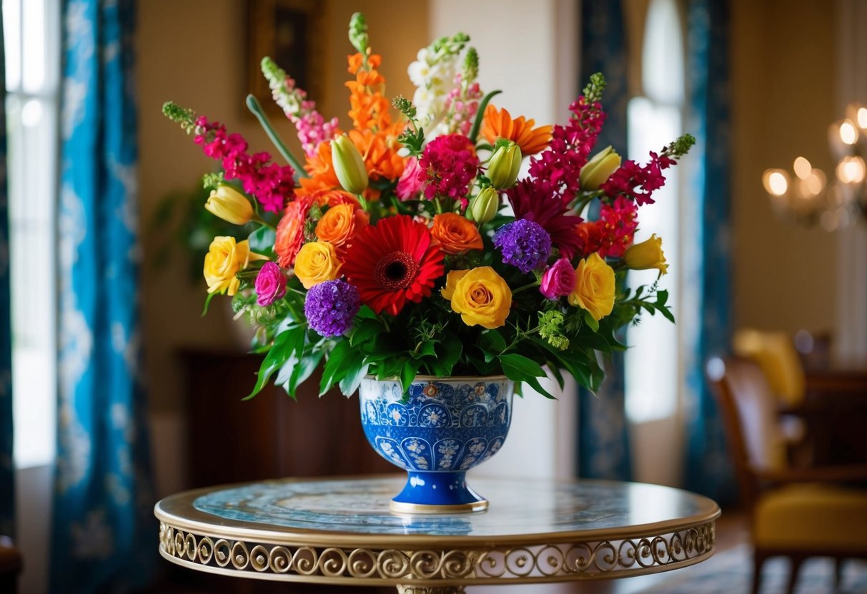 A bouquet of colorful flowers presented on a decorative table