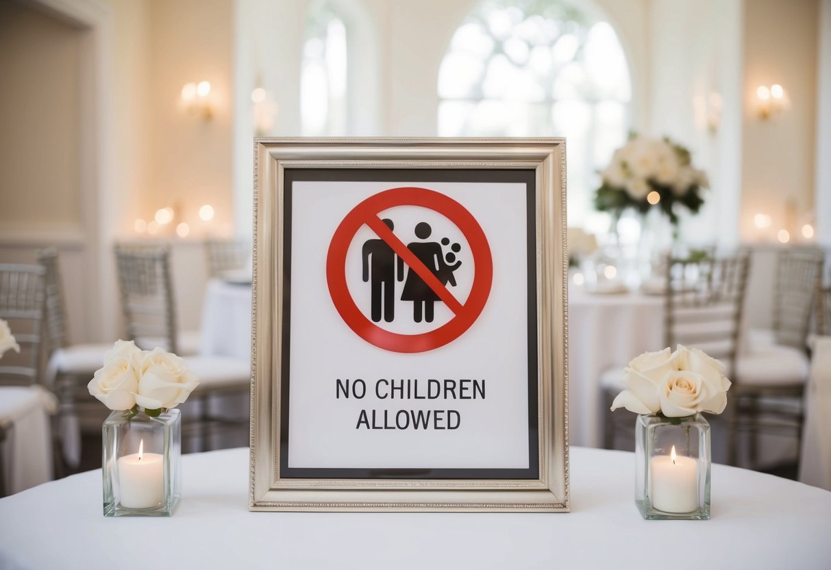 A serene, elegant wedding venue with a sign displaying a clear symbol indicating no children allowed. The atmosphere exudes sophistication and tranquility