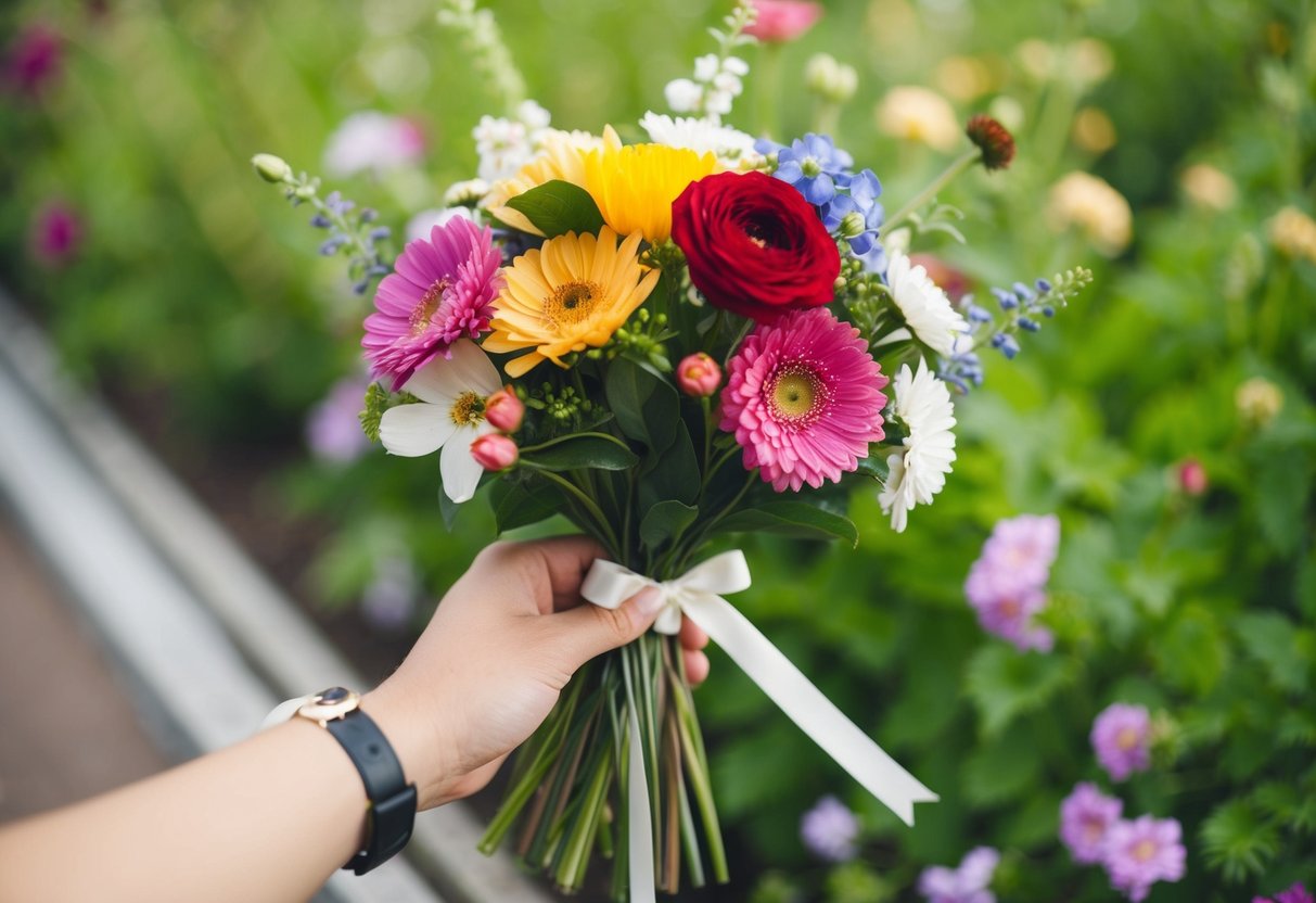 A hand holding a bouquet of assorted flowers, with a ribbon tied around the stems