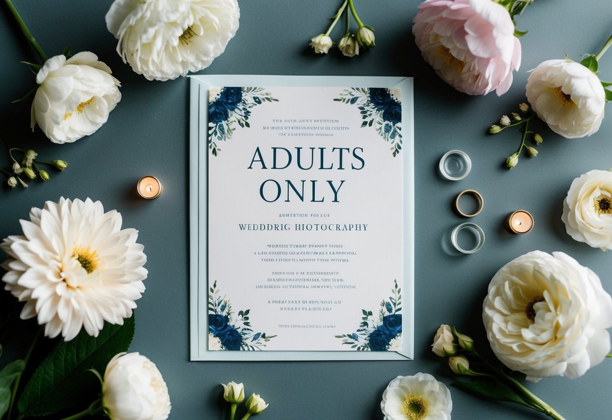 A wedding invitation with a clear "adults only" note, surrounded by elegant floral decorations and a formal font