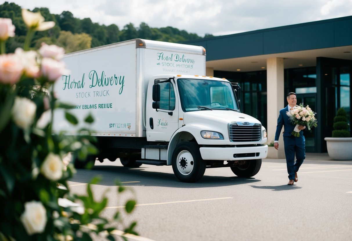 A floral delivery truck parked outside a wedding venue, with a delivery person carrying a bouquet of flowers towards the entrance