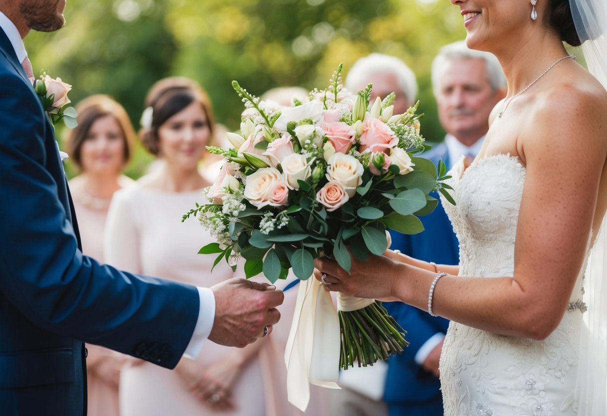 A bouquet of flowers being presented to a bride at a wedding ceremony