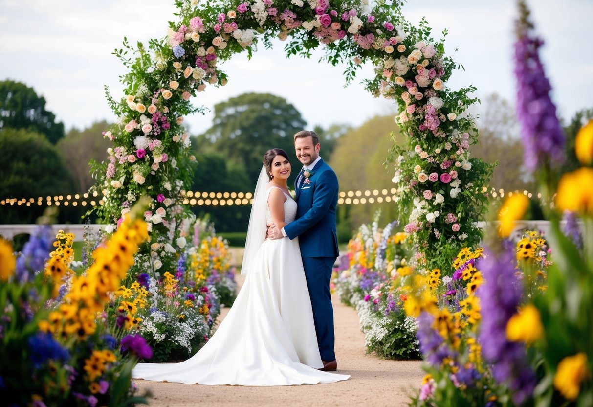 A bride and groom standing beneath a blooming archway, surrounded by colorful flowers and twinkling lights