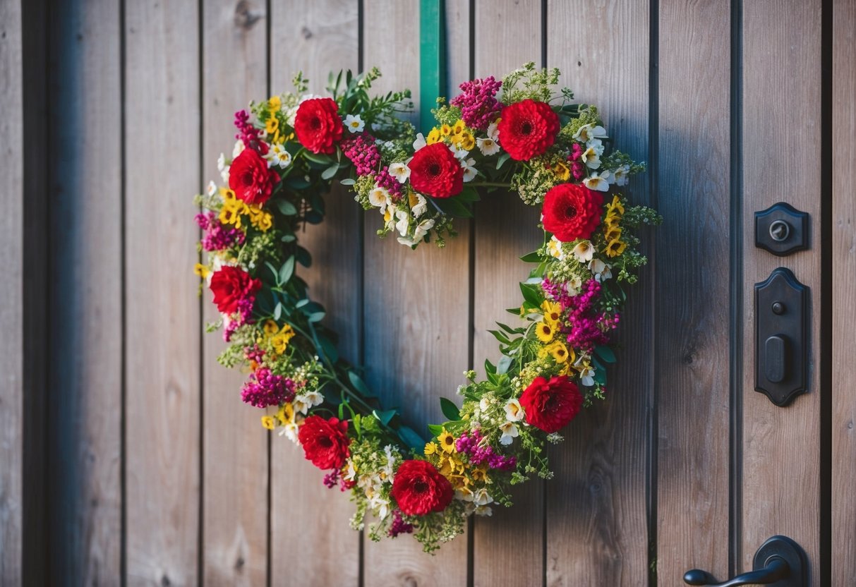 A heart-shaped wreath of flowers hanging on a rustic wooden door