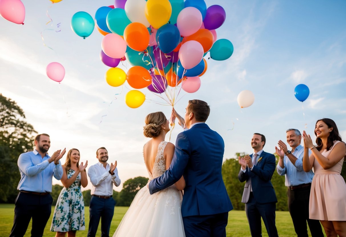 A couple releasing colorful balloons into the sky, surrounded by friends and family cheering and clapping