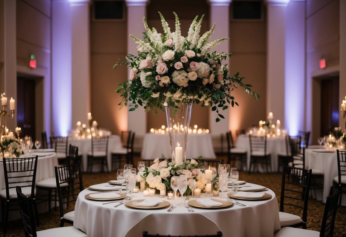A grand floral centerpiece atop a white linen-covered table in a dimly lit reception hall, surrounded by elegant place settings and flickering candles