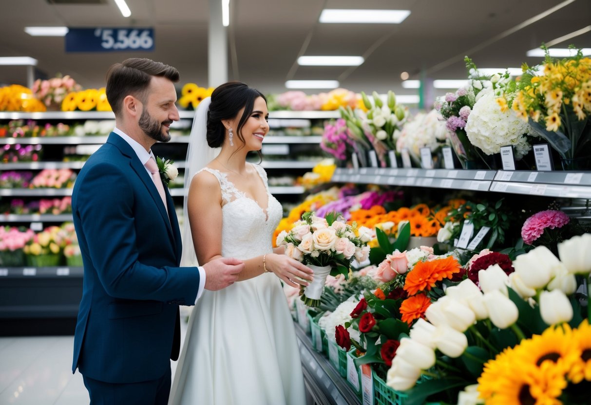 A bride and groom stand at a supermarket flower section, selecting various blooms for their wedding