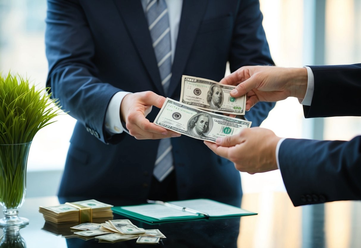 A man handing over a large sum of money to another person in a formal setting