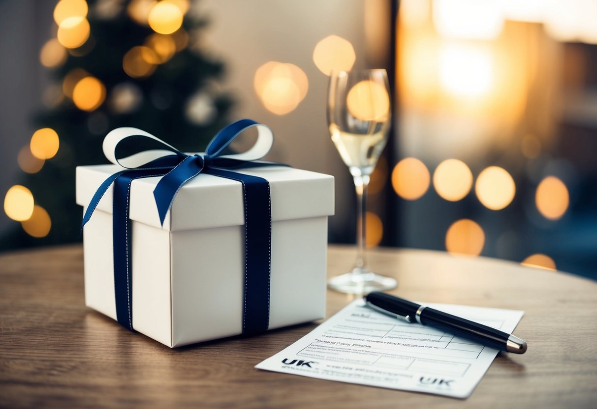 A wedding gift box with a ribbon and a UK tax form beside it