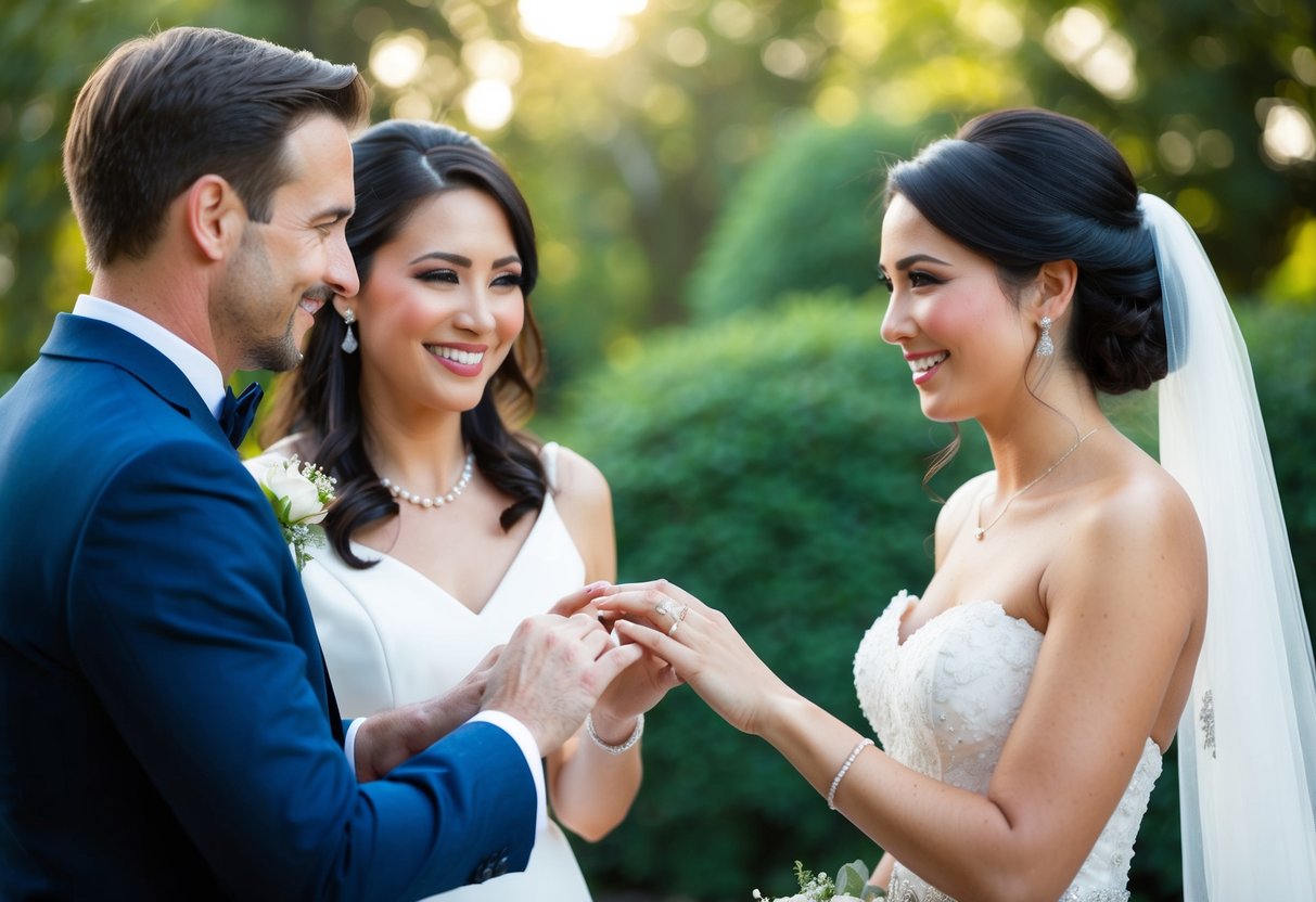 A bride and groom exchanging rings with a financial advisor presenting tax-free contribution options for their wedding