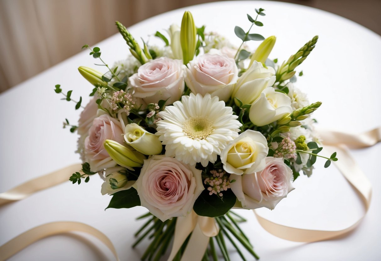 A bouquet of flowers in a delicate and elegant arrangement, possibly with a ribbon or other decorative elements
